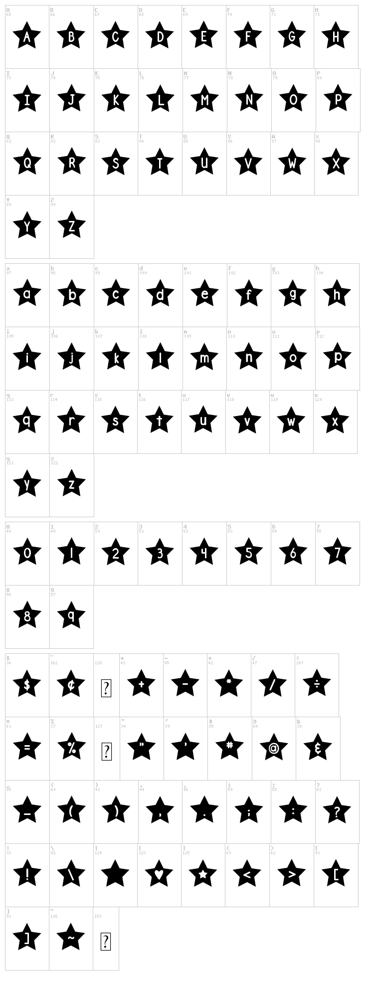 DJB Shape Up Stars font map